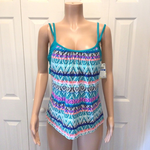 Go Gossip Womens Aqua Aztec Print Layered Cut Out Tankini Swimsuit Top Size XL - Picture 3 of 8